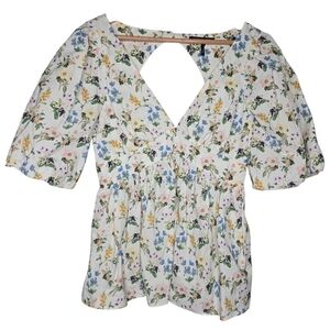 Marissa Webb Womens Botanical Floral Cottagecore Puff Sleeve Blouse Medium